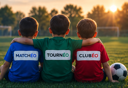 Trois jeunes joueurs portant les marques Matchéo, Tournéo et Clubéo